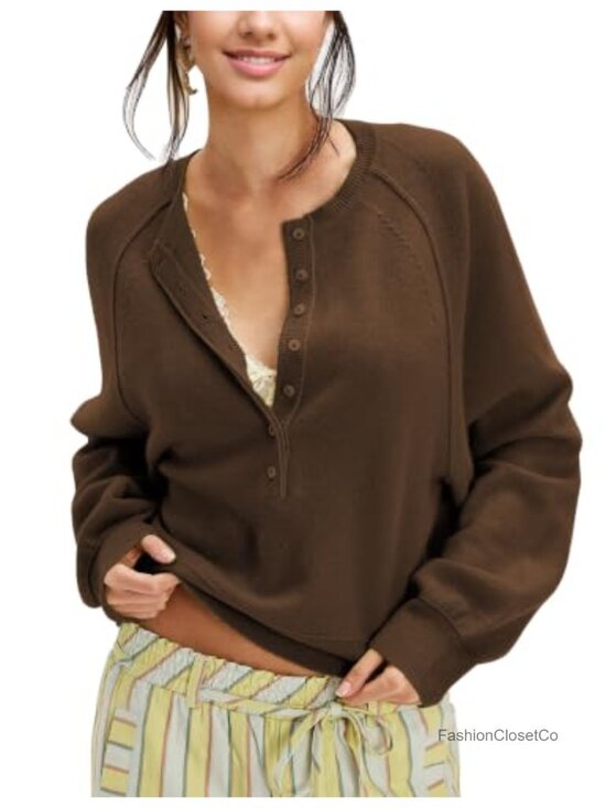 Sweaters - Women's Half Button Knit Sweater Henley Neck Long Sleeve Pullover Top